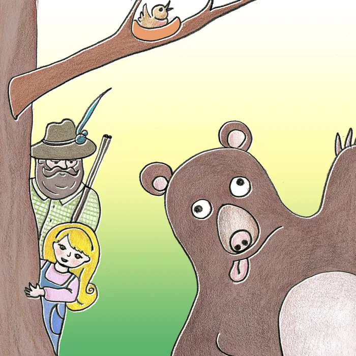 Versione a colori della copertina: l'orso, il cacciatore e la bambina tra gli alberi
